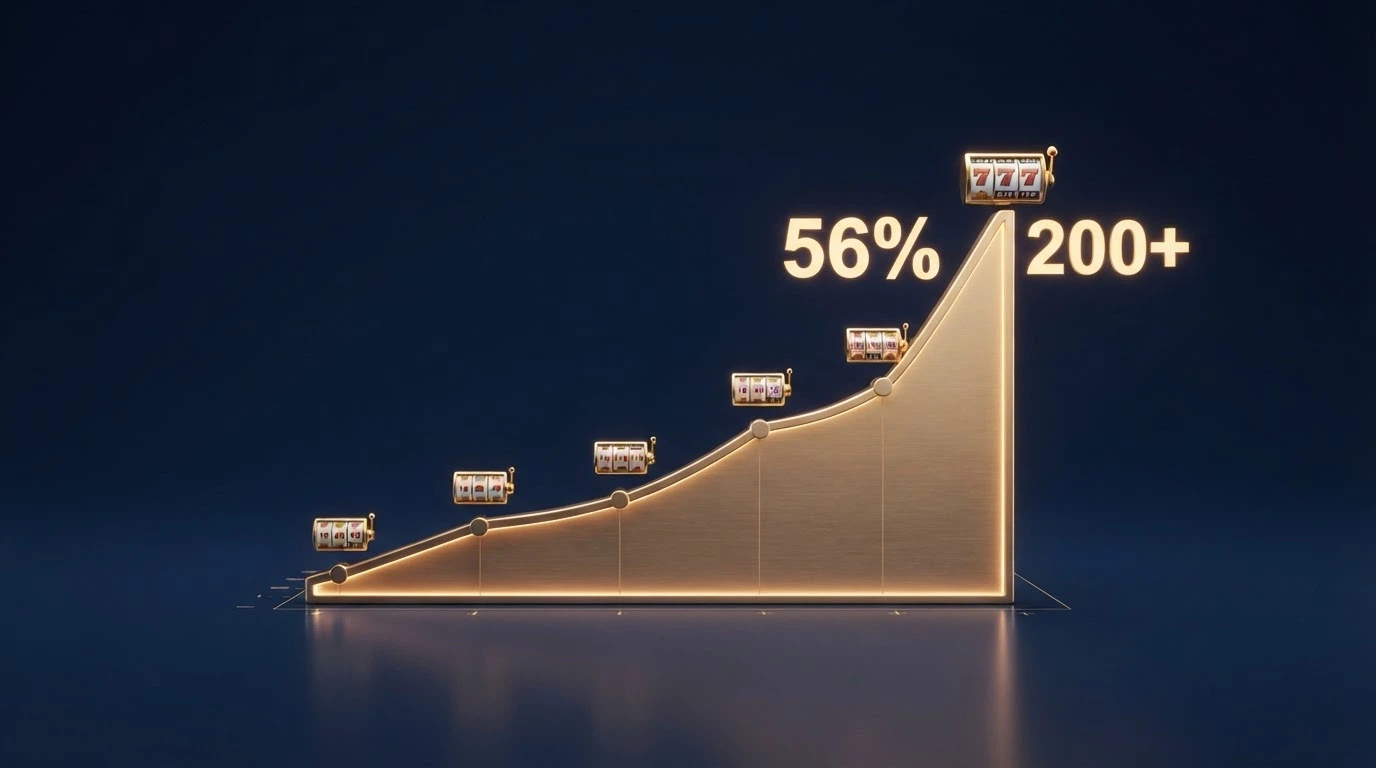 A stylised upward-trending graph representing the studio's 56% GGR growth and 200-title milestone, overlaid with slot-reel imagery