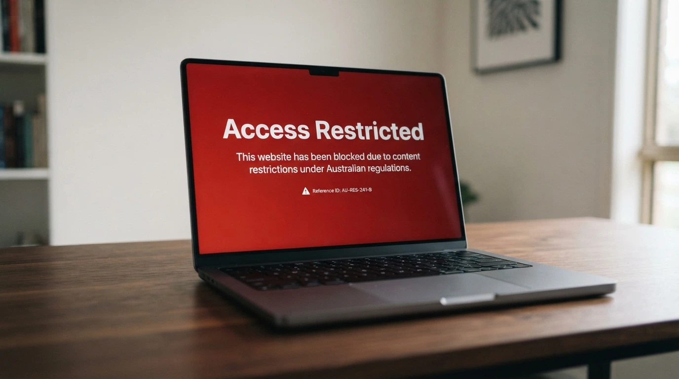 An official-looking webpage with a warning banner reading illegal gambling website blocked and the ACMA logo visible in the corner
