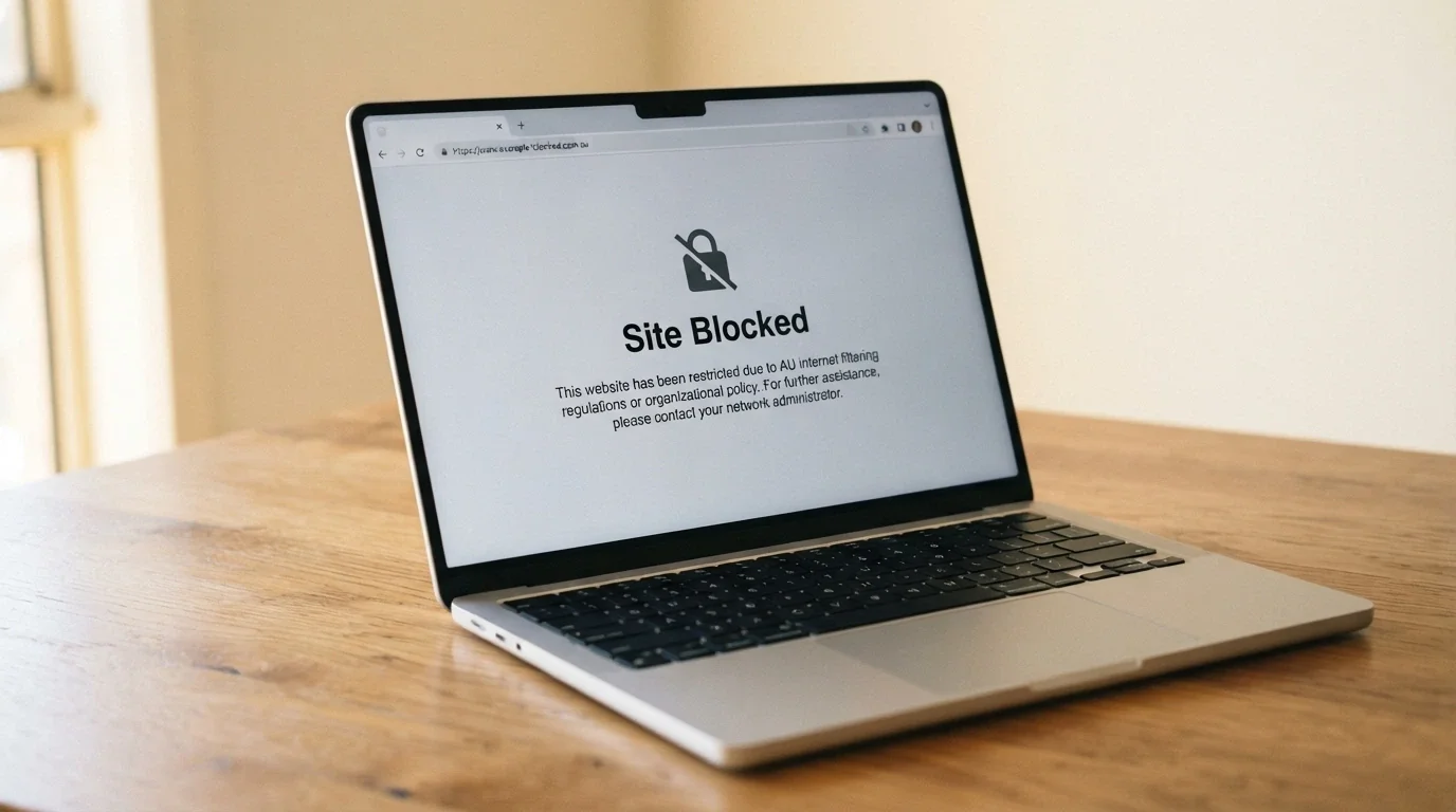 A browser window showing an ACMA site-blocked notice — the standard screen an Australian ISP serves when a gambling site is blocked