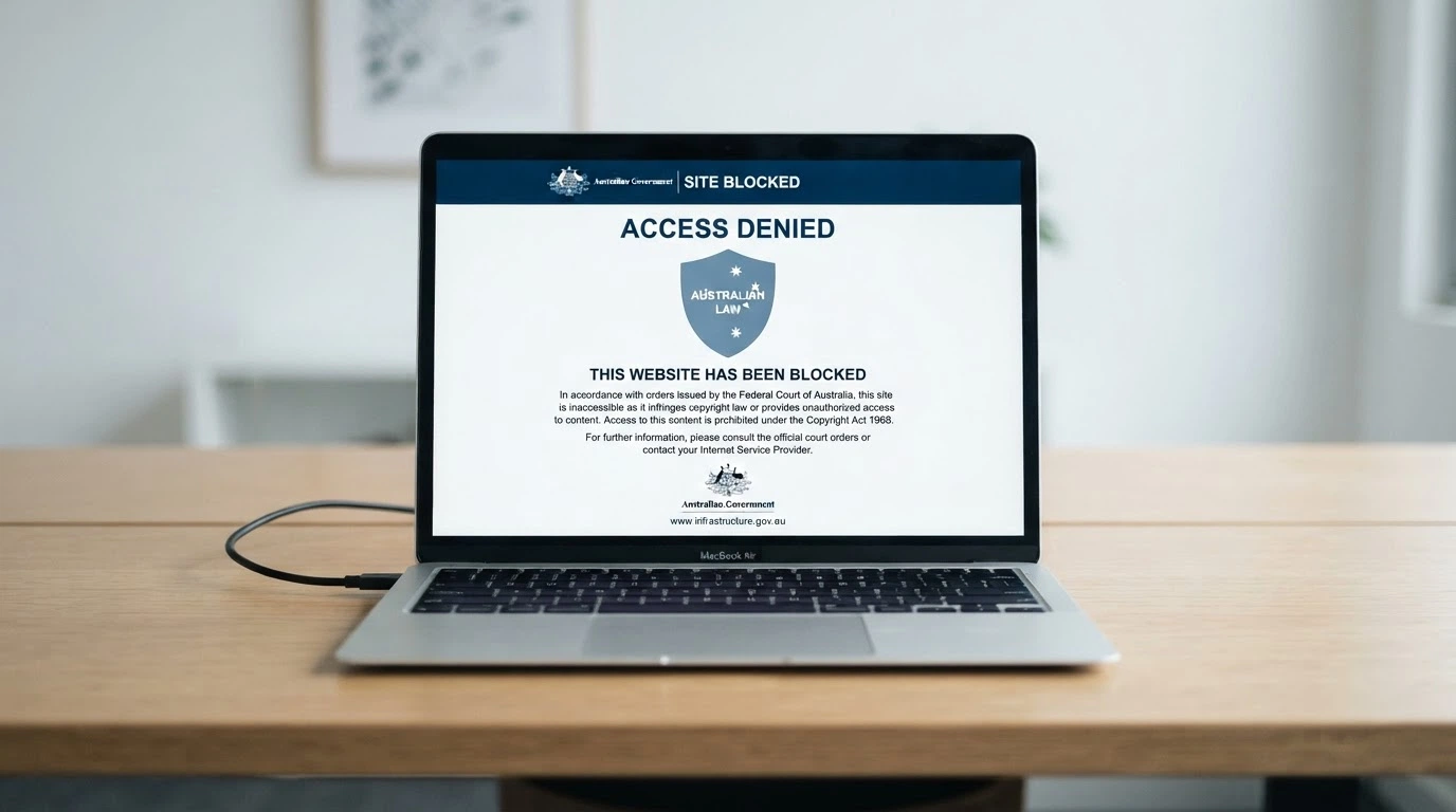 A browser screen showing a site-blocking notice with the ACMA logo and text indicating the website is inaccessible under Australian law