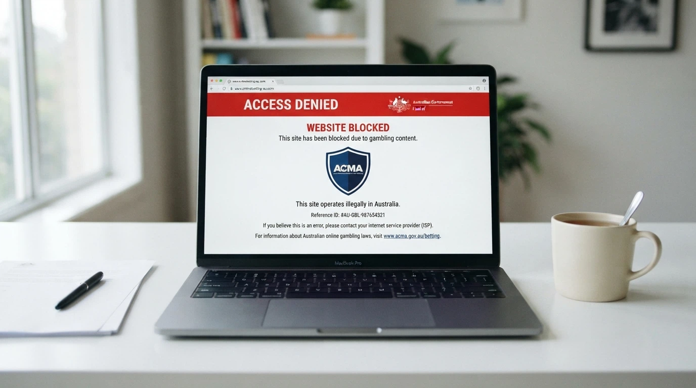 Laptop screen displaying the ACMA website warning that a gambling site has been blocked