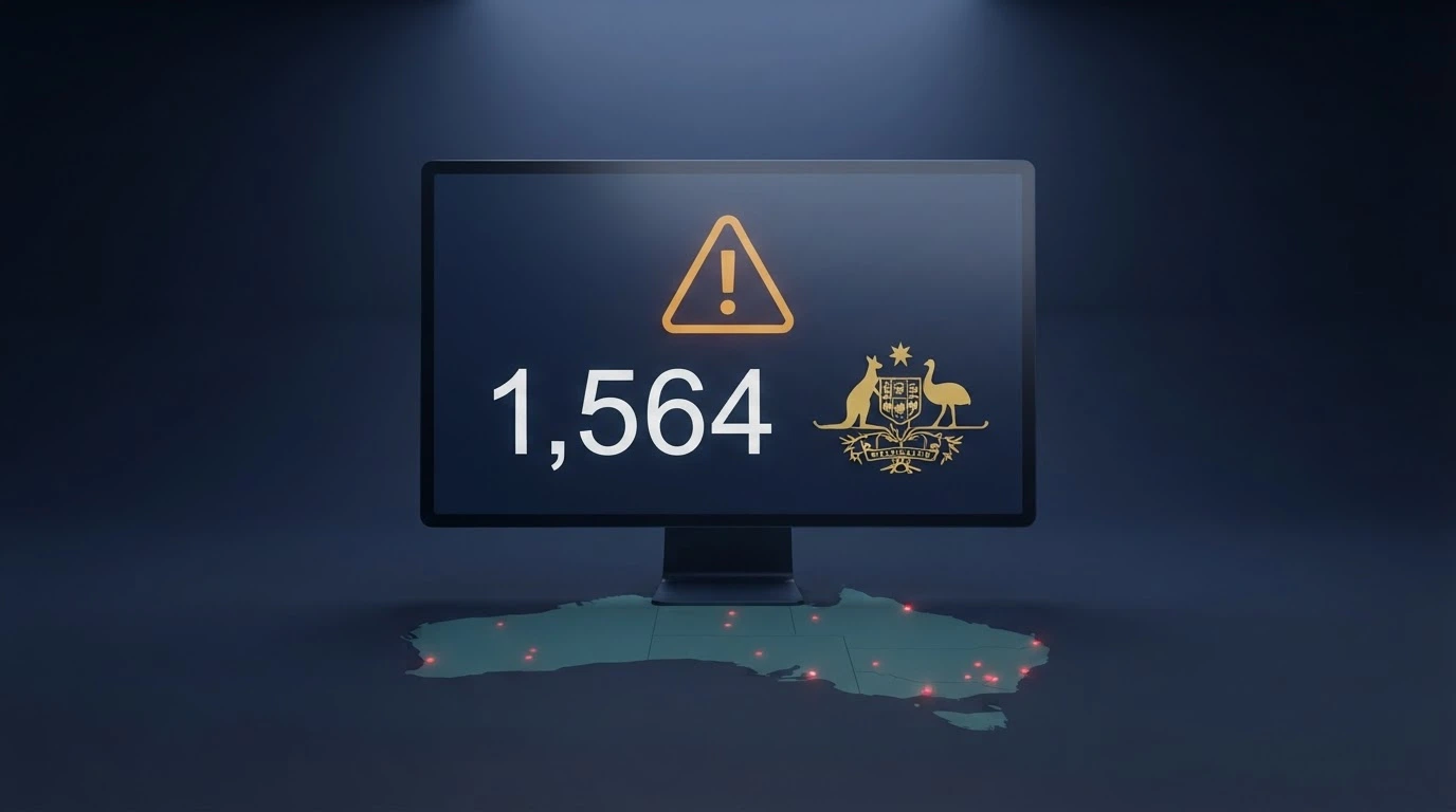 A stylised dashboard screen showing a blocked-website warning icon, the figure “1,564” and an Australian Government crest, over a map of Australia