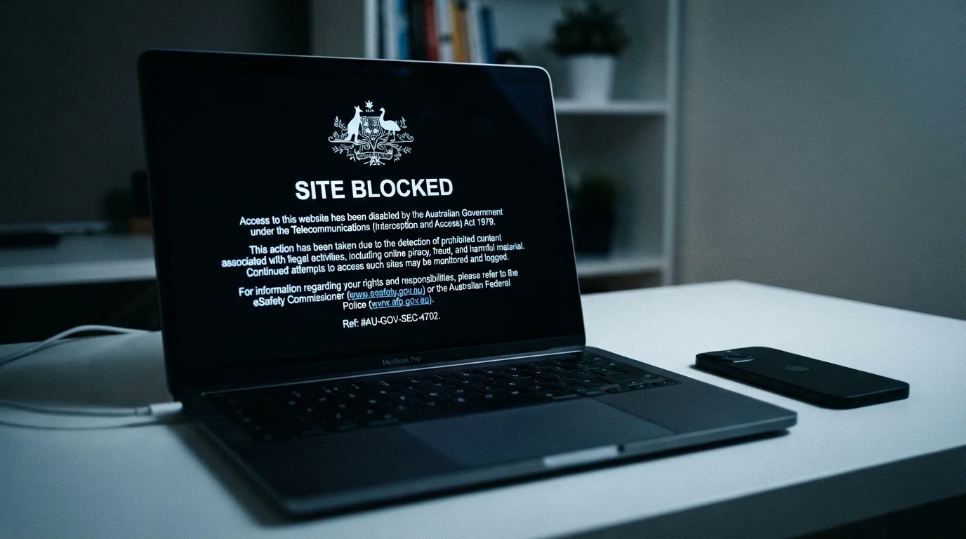 A web browser showing an ACMA blocking notice on a black-background splash screen with the agency logo