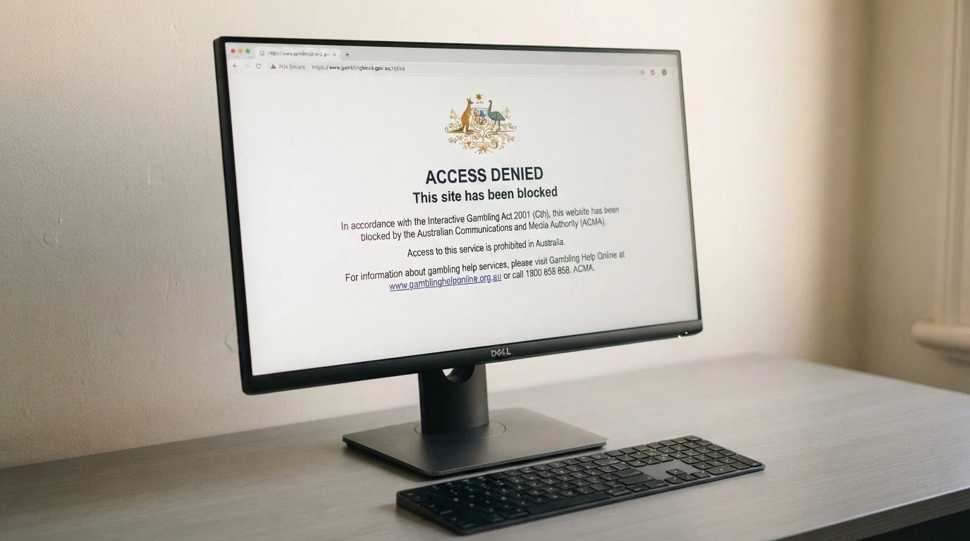 A browser window displaying the ACMA-blocked-site landing page an Australian ISP serves, with the ACMA logo and a short notice about the Interactive Gambling Act prohibition