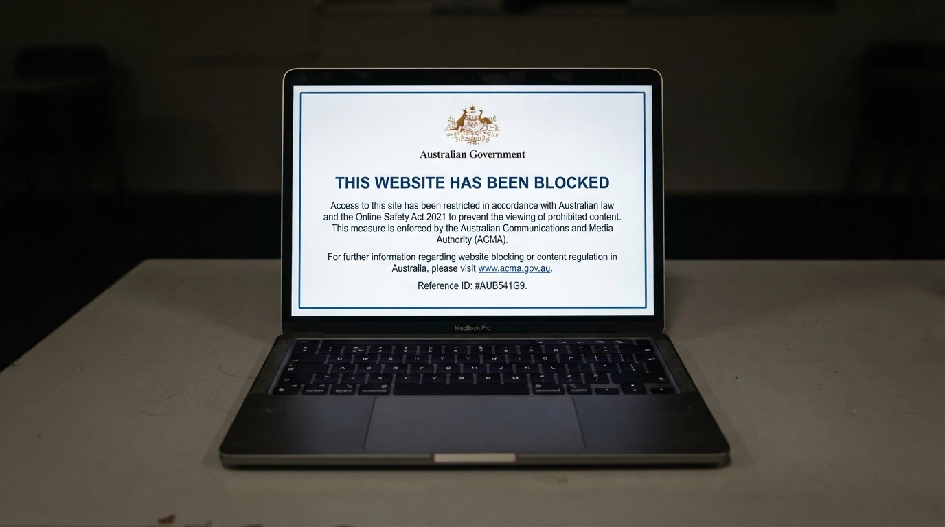 A laptop screen displaying the standard ACMA blocking notice that Australian ISPs serve when a gambling site has been blocked — the ACMA logo and “This website has been blocked” message clearly visible