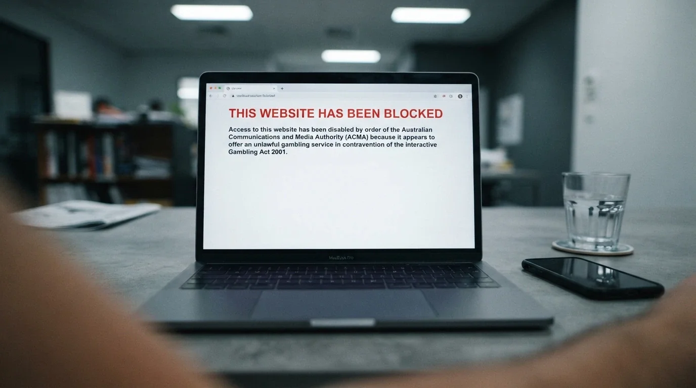 A browser window displaying the ACMA blocking notice that appears when an illegal gambling website has been blocked by Australian ISPs