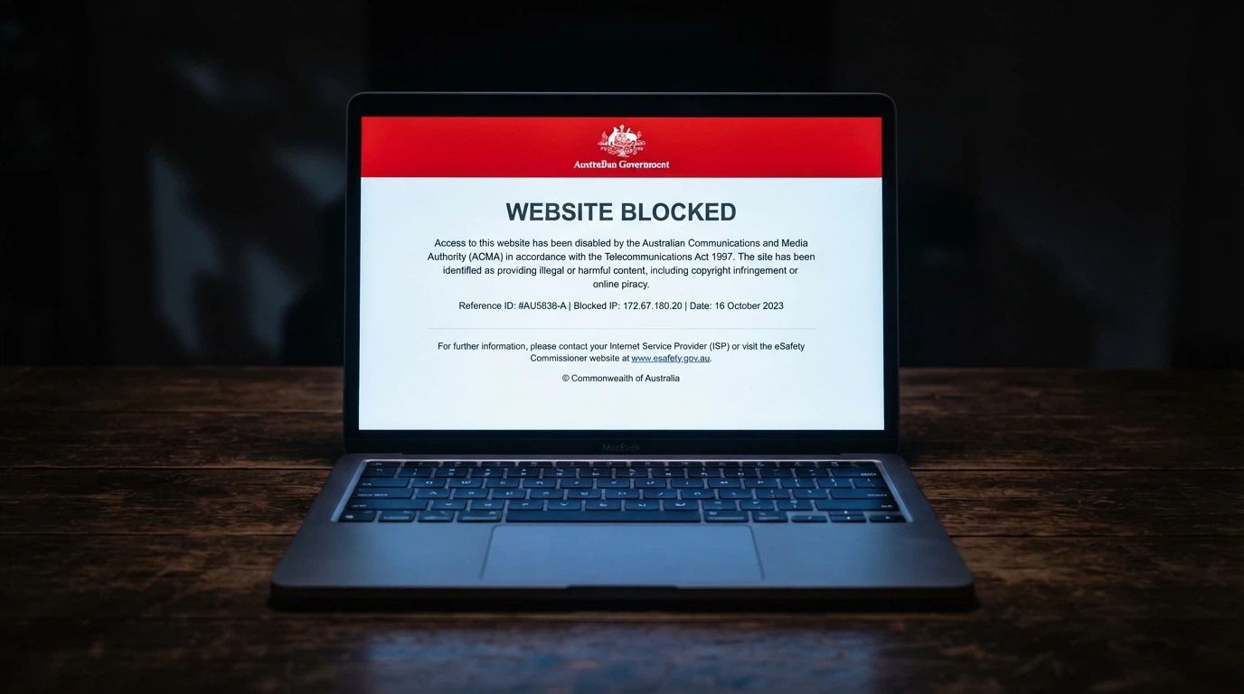 An ACMA webpage or blocking notice displayed in a browser, with the text “This website has been blocked under the Interactive Gambling Act 2001” visible