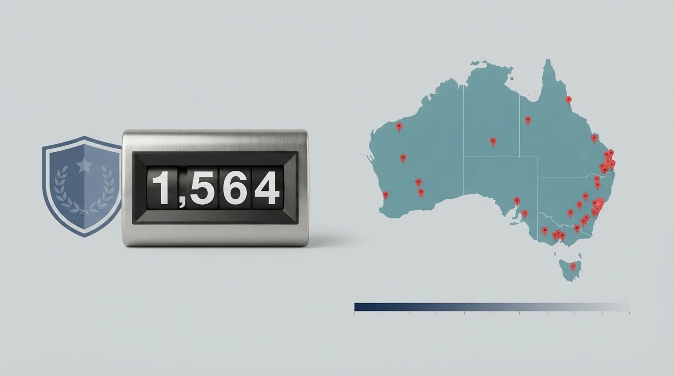 A graphic showing the ACMA logo beside a tally counter reading “1,564 sites blocked” and a map of Australia with blocked-site markers