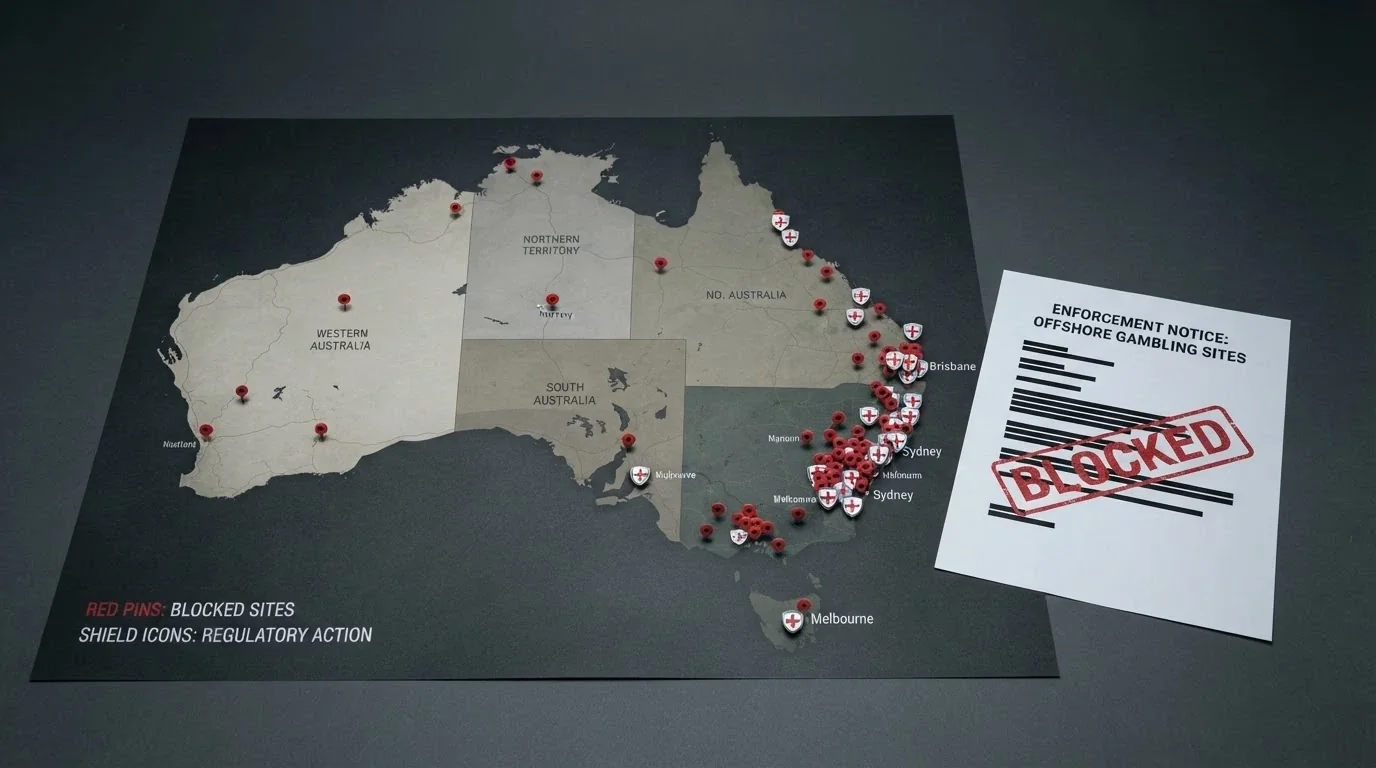 A map of Australia overlaid with blocked-site icons and a regulatory document bearing the ACMA and Interactive Gambling Act references, red markers on offshore jurisdictions