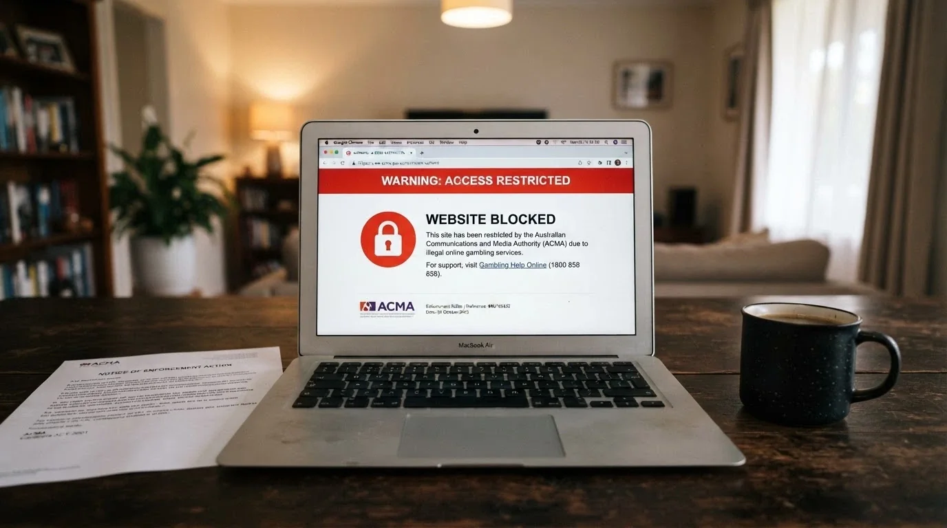 An official-looking web browser window showing an ACMA blocking notice or regulatory warning page, with an Australian government crest visible