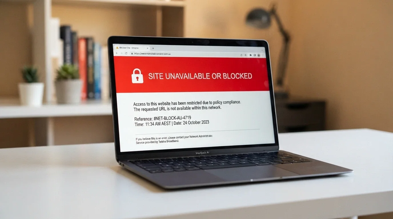 A browser screen displaying the ACMA site-blocking notice referencing the Interactive Gambling Act 2001