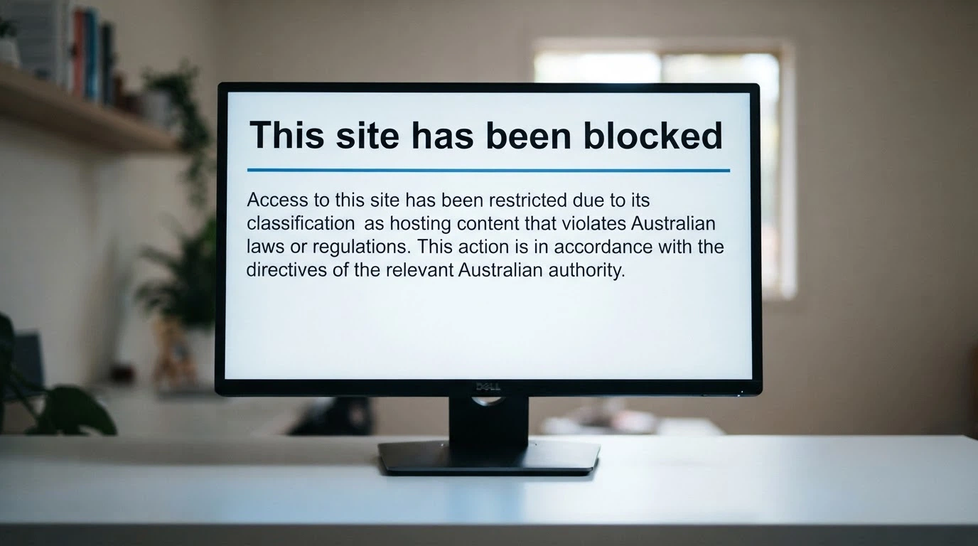 A browser screen displaying an ACMA site-blocking notice — the page an Australian sees when an illegal gambling site is blocked