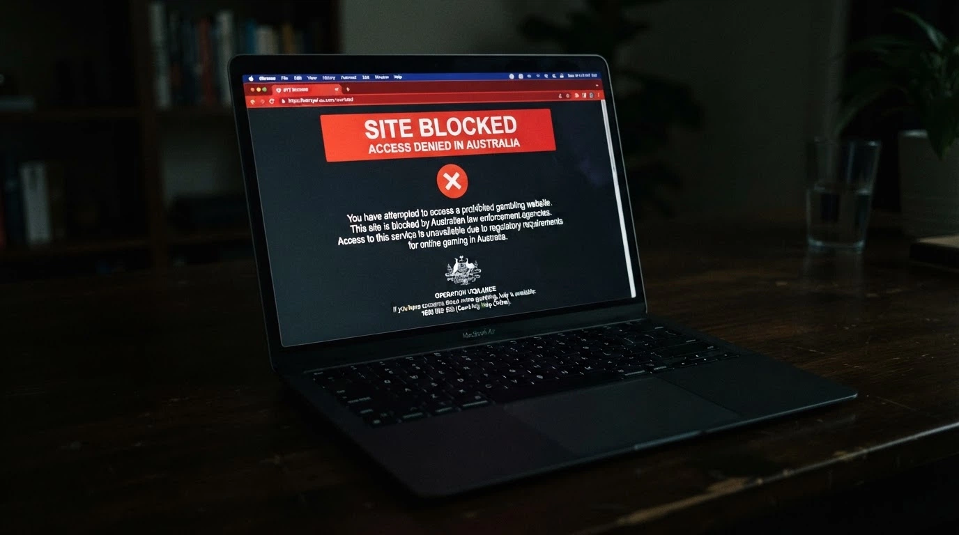 A browser displaying the ACMA blocking notice that replaces an illegal gambling site, the official Commonwealth crest and warning text visible