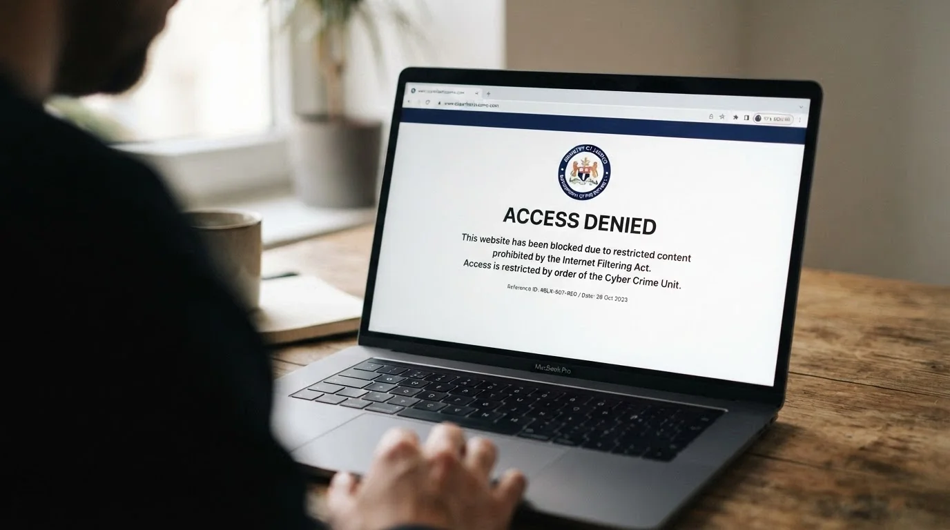 A browser window showing an ACMA blocking notice alongside a Litecoin casino URL, with the Australian coat of arms visible on the notice