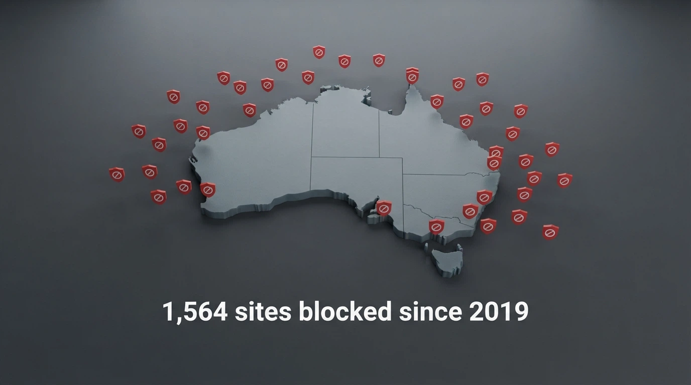 A stylised map of Australia with blocked-site icons radiating outward and a label showing “1,564 sites blocked since 2019”