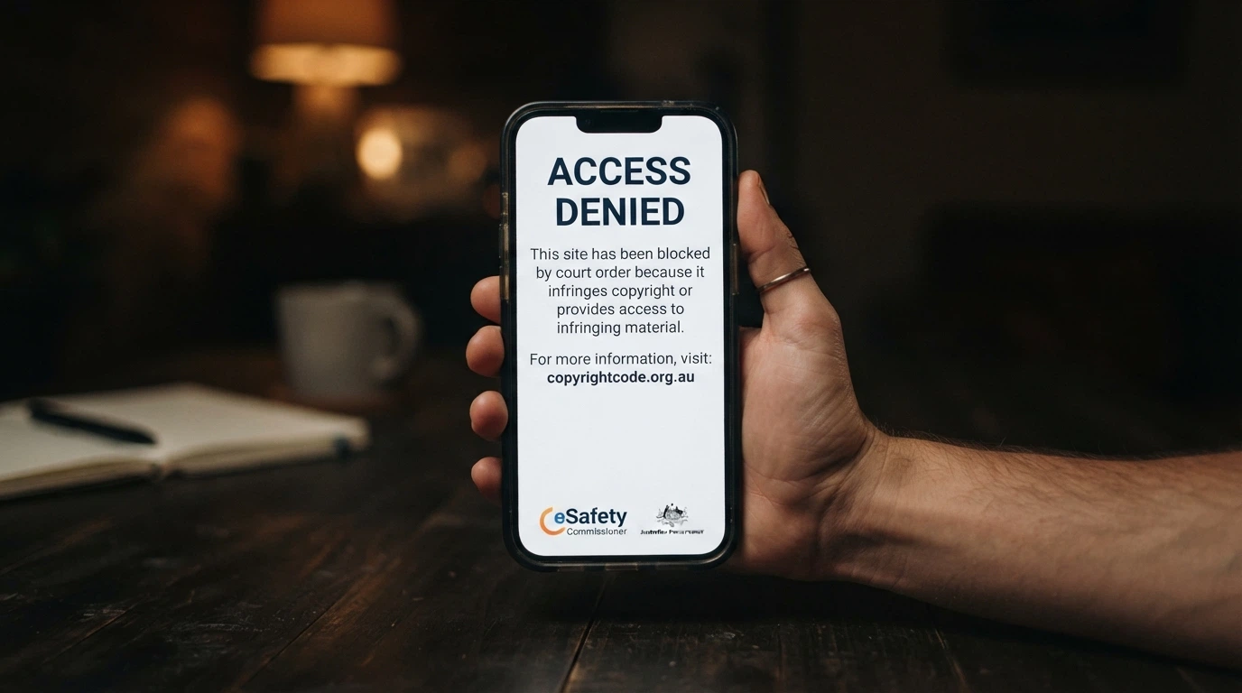 A stylised representation of an ACMA blocking notice on a phone screen, with the ACMA logo and the phrase “This site has been blocked” visible