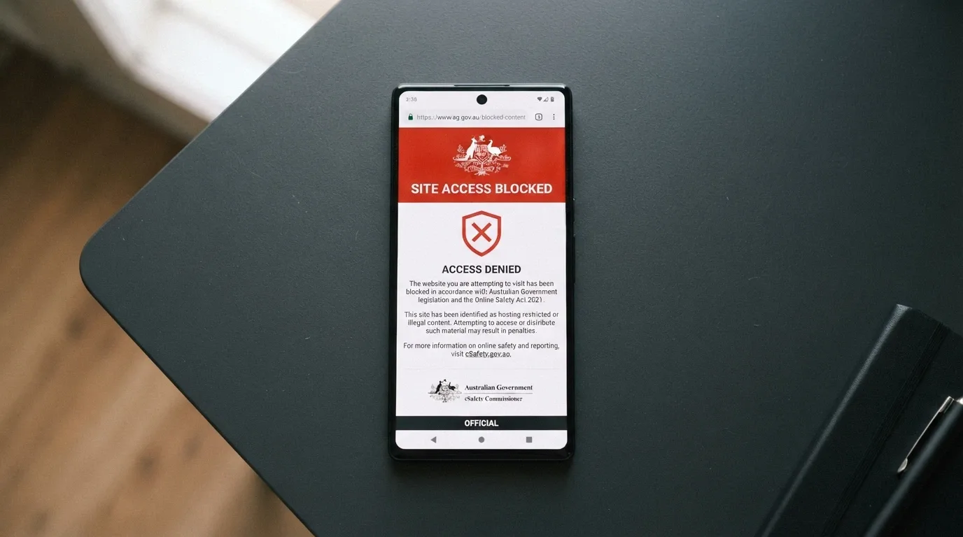 A smartphone browser showing the ACMA site-blocking notice that appears when an Australian user tries to reach a blocked illegal gambling site