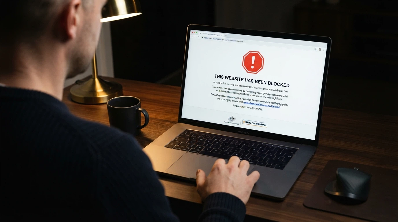 A stylised representation of an ACMA website-blocking notice — the agency's logo and the statutory text referencing the Interactive Gambling Act 2001, on a screen with an Australian government domain visible in the address bar
