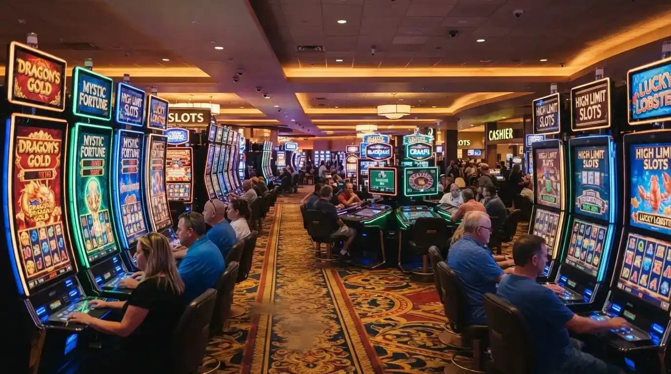 Rows of lit gaming machines across the main floor of SkyCity Adelaide, with electronic table games visible in the midground