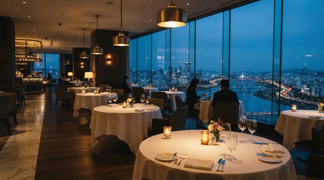 Interior of Aloria restaurant on Level 23 of The Star Brisbane, showing the dining room with skyline views through floor-to-ceiling windows