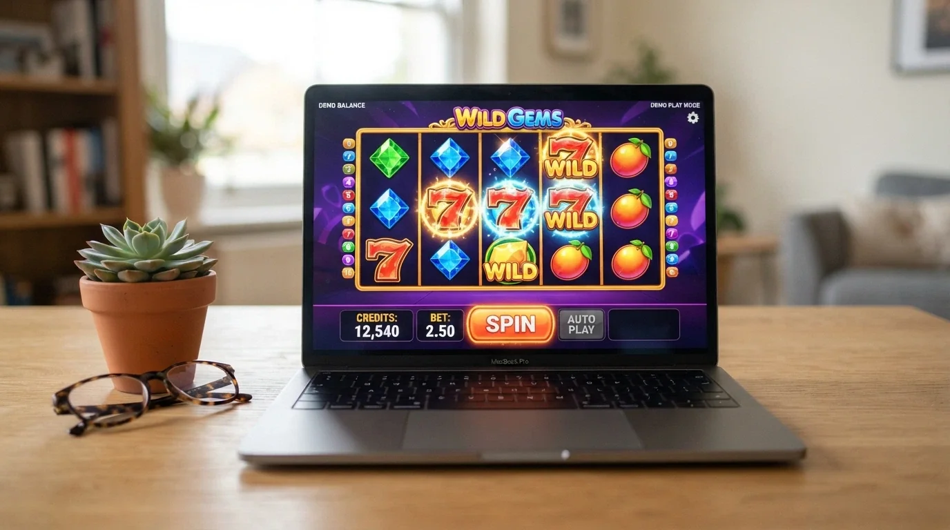 An Aristocrat pokie loaded in a web browser in demo mode showing a play-money balance of several thousand credits and the spin button ready