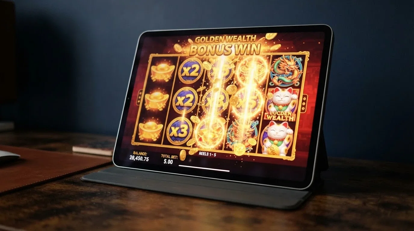 An iPad displaying Lightning Link with its reels lit up by a bonus-round animation, the screen tilted slightly to show the tablet form factor