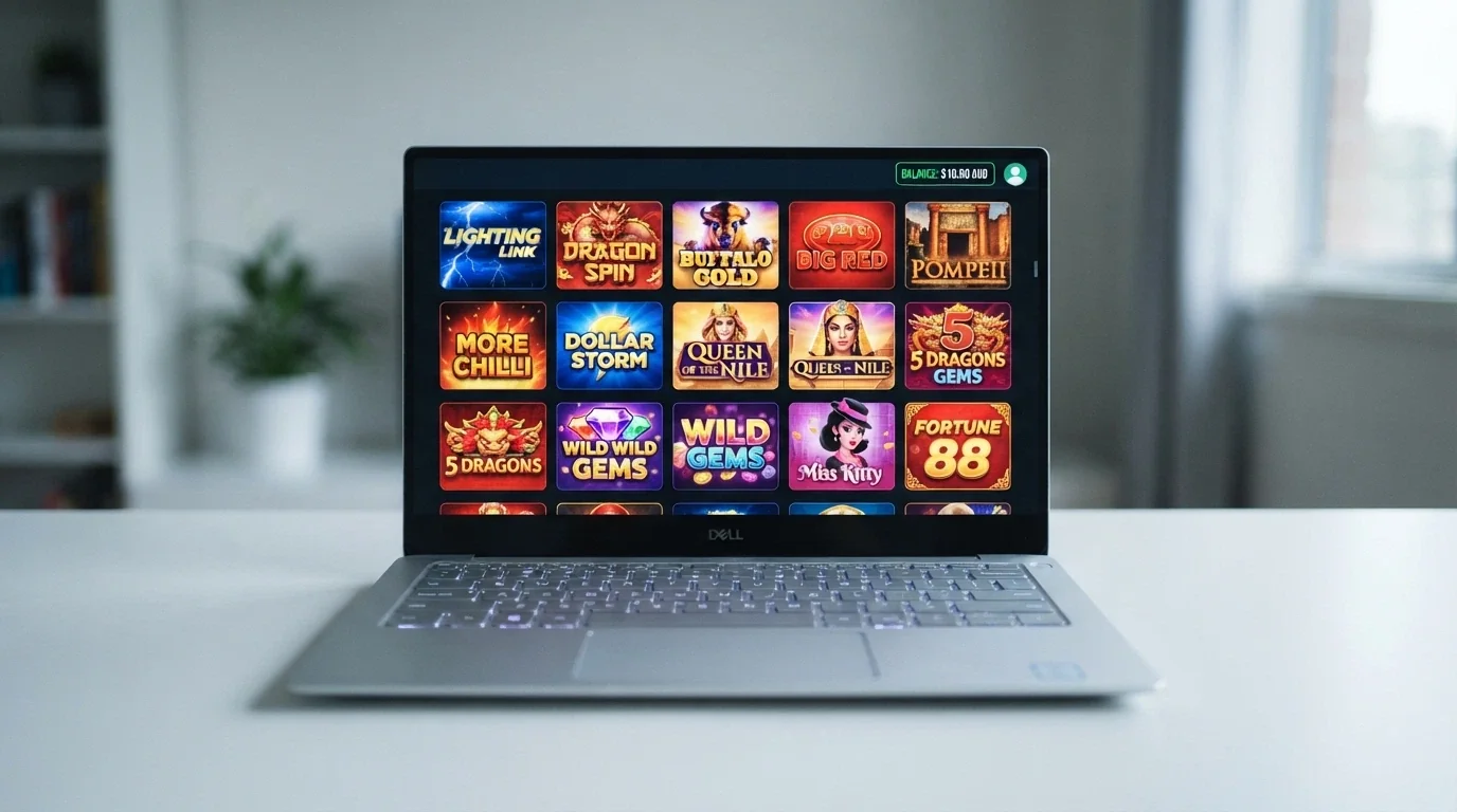 A grid of popular online pokie title cards visible on a laptop screen, with an AUD balance readout showing $10.00.