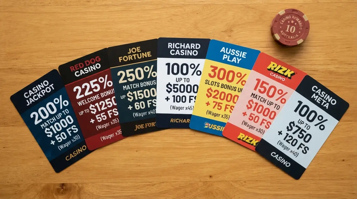 A side-by-side layout of casino bonus offer cards showing different match percentages, free-spin counts and wagering multipliers in Australian dollars