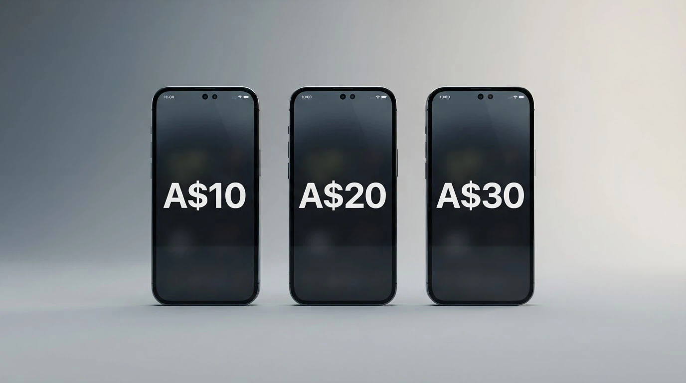 A side-by-side comparison grid of casino deposit screens showing different minimum amounts — A$10, A$20 and A$30 — on three device screens