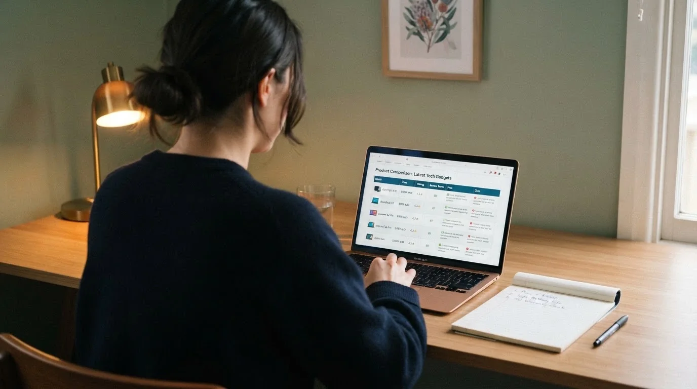A player at a desk with a laptop open to a casino comparison page, a notepad listing three handwritten filters — licence, wagering, withdrawal speed