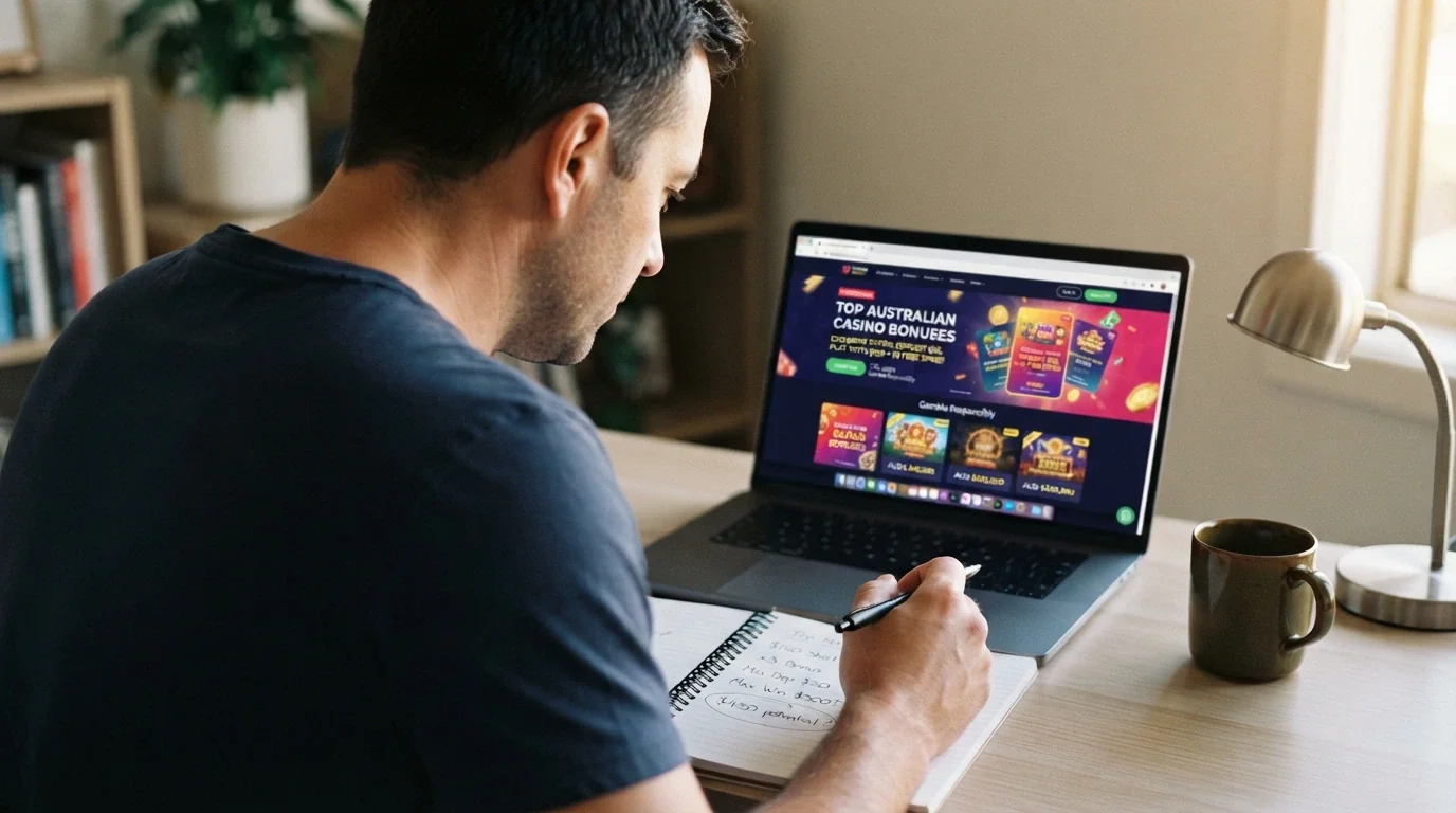 An Australian player sitting at a desk with a laptop open to a casino comparison page, pen and notepad beside them with handwritten figures, looking thoughtful