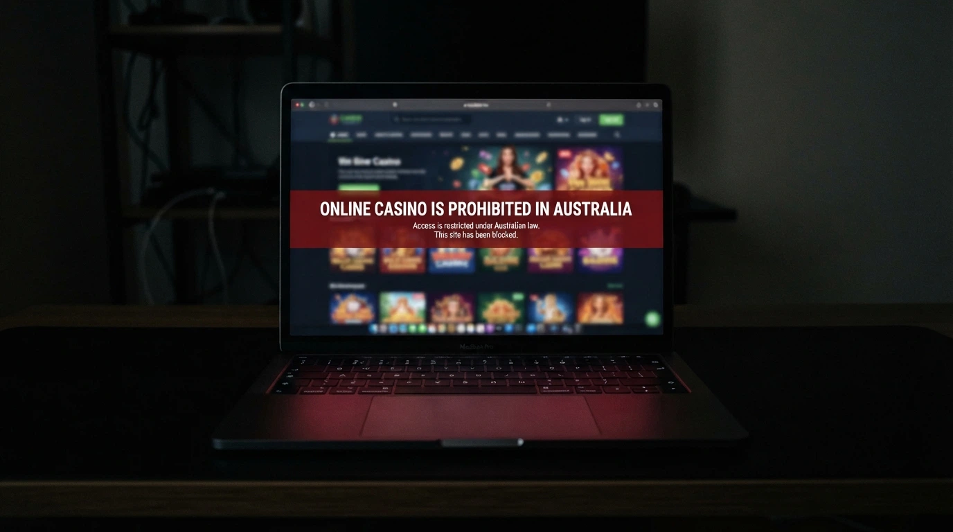 A government-style warning banner or an ACMA-style notice on a screen, with text reading that online casino is prohibited in Australia, overlaid on a darkened casino homepage