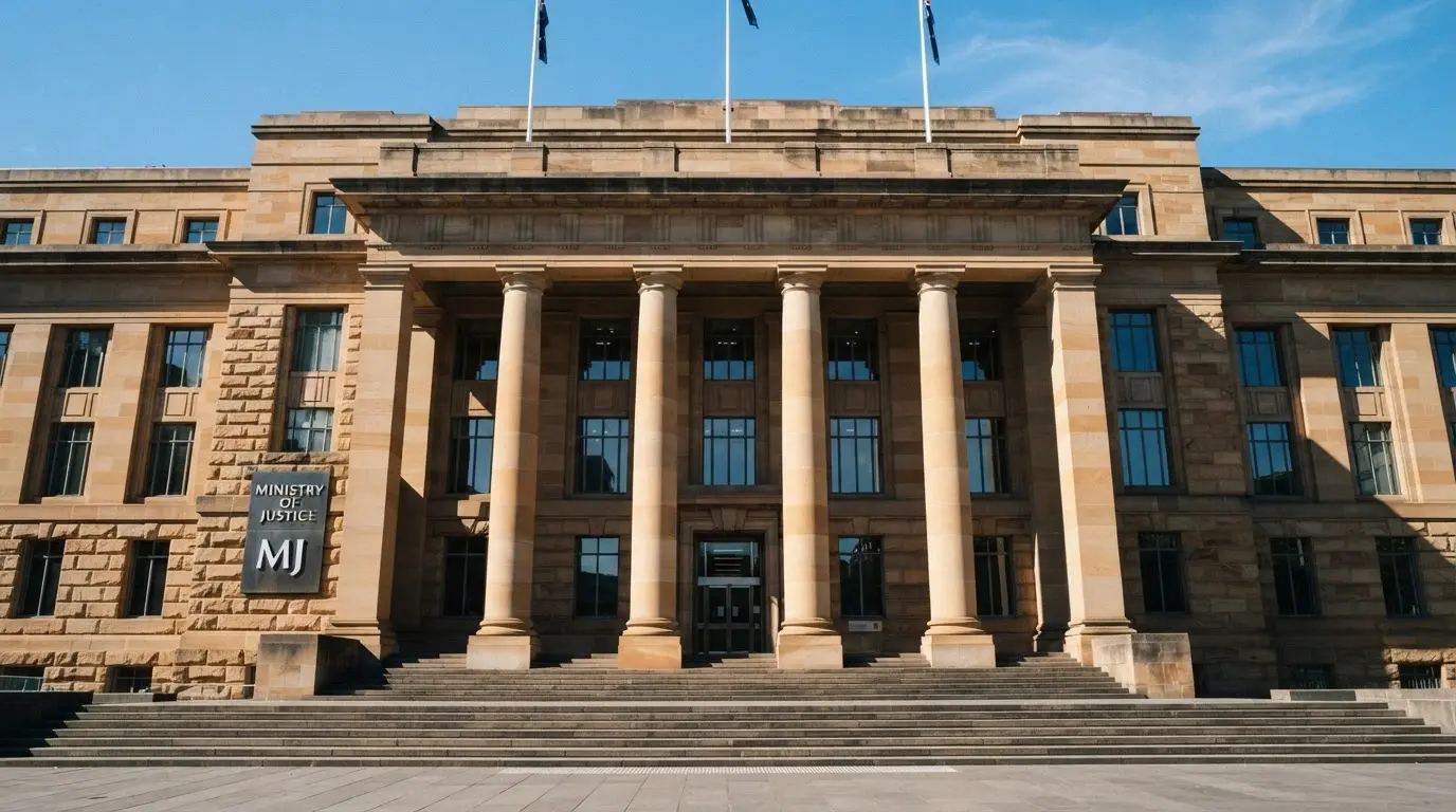 A government-building façade with the ACMA logo visible on a sign, shot from a slight low angle against a clear sky, conveying institutional authority