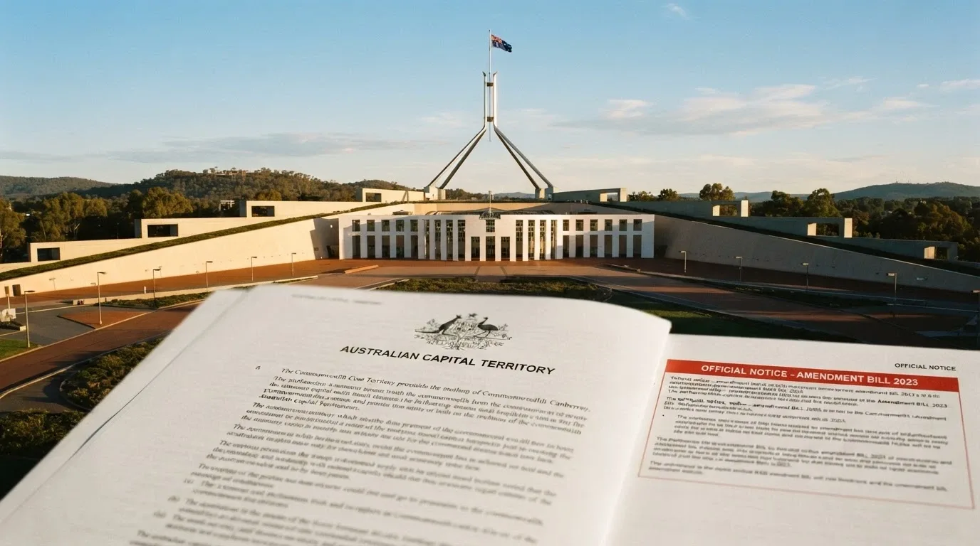 Parliament House Canberra with the Interactive Gambling Act document and an ACMA enforcement notice overlay