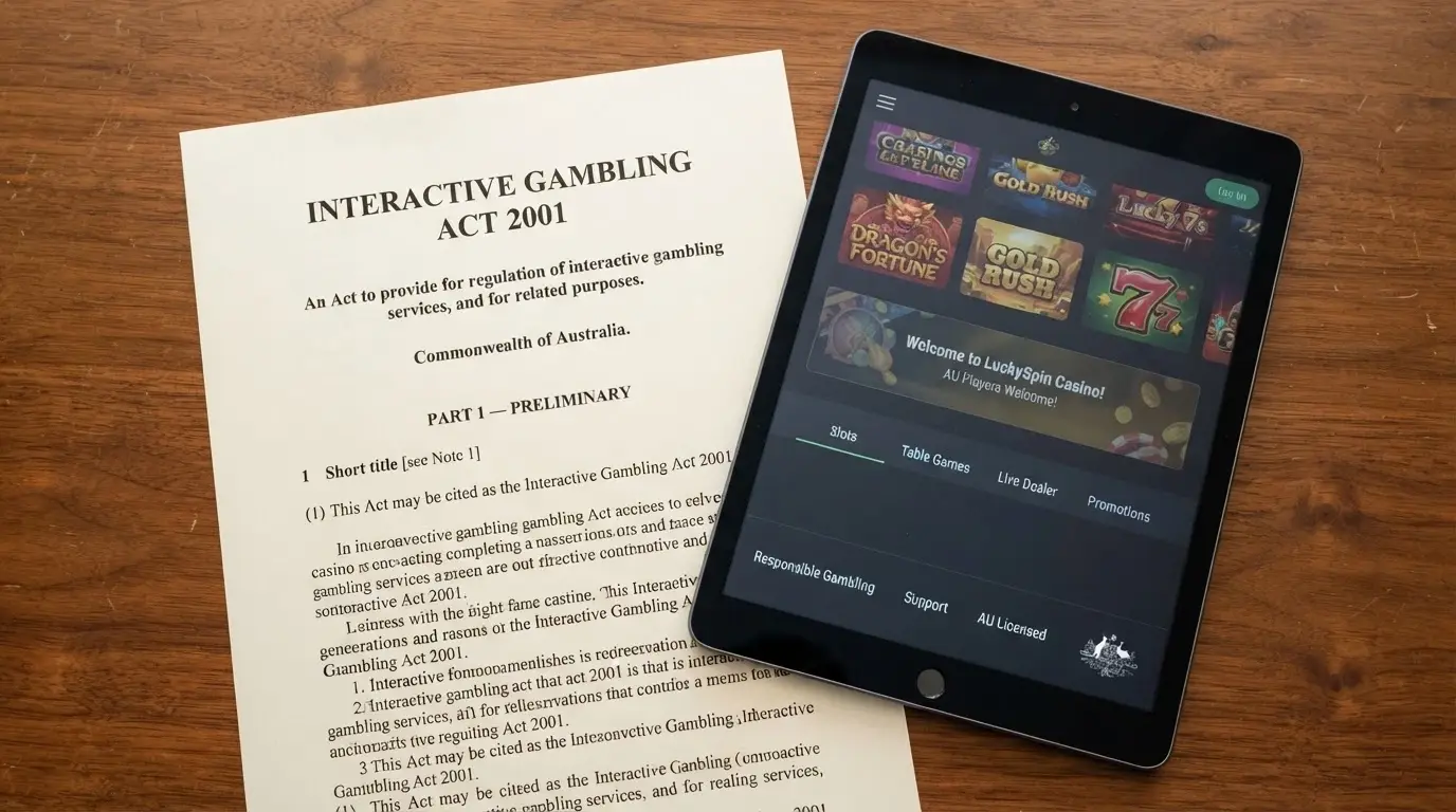 A government-style document page with the words “Interactive Gambling Act 2001” visible, partially overlaid on a muted iPad screen showing a casino lobby