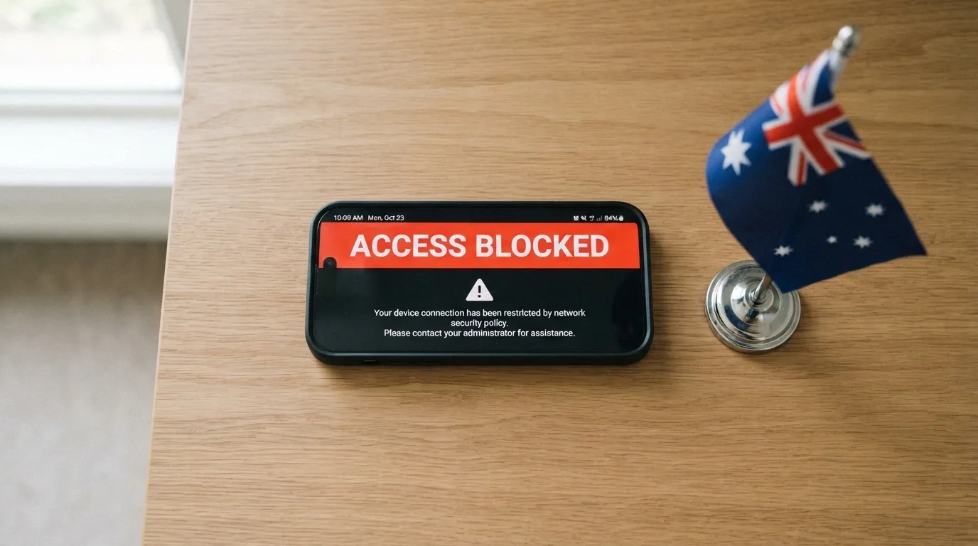 a smartphone showing a blocked-website notice beside an Australian flag on a desk