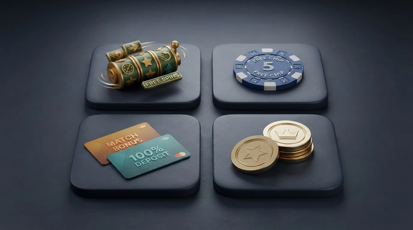 Four stylised cards or tiles showing different bonus formats: free spins, a free chip, a deposit match and a cash bonus, each with its key terms visible