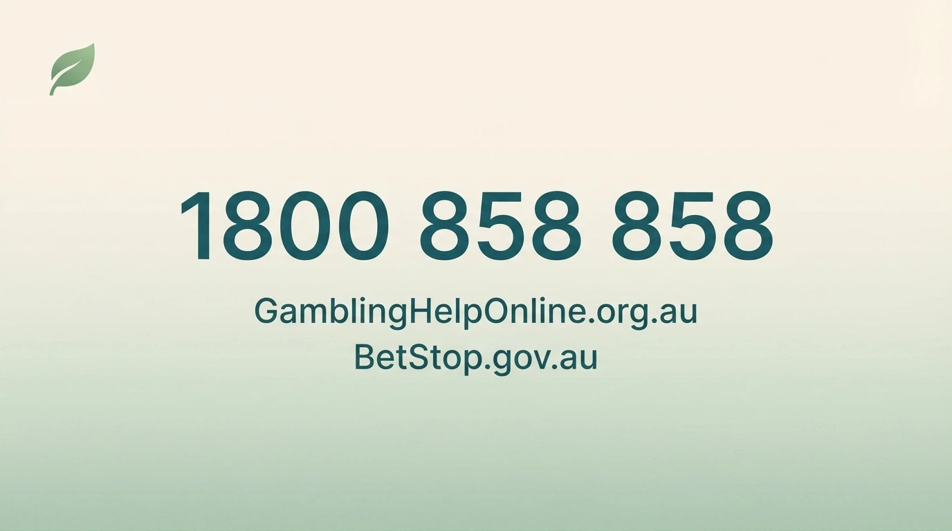 A clean, reassuring layout of Australian gambling help resources: the 1800 858 858 number prominent, the Gambling Help Online URL, and the BetStop website, on a calm background