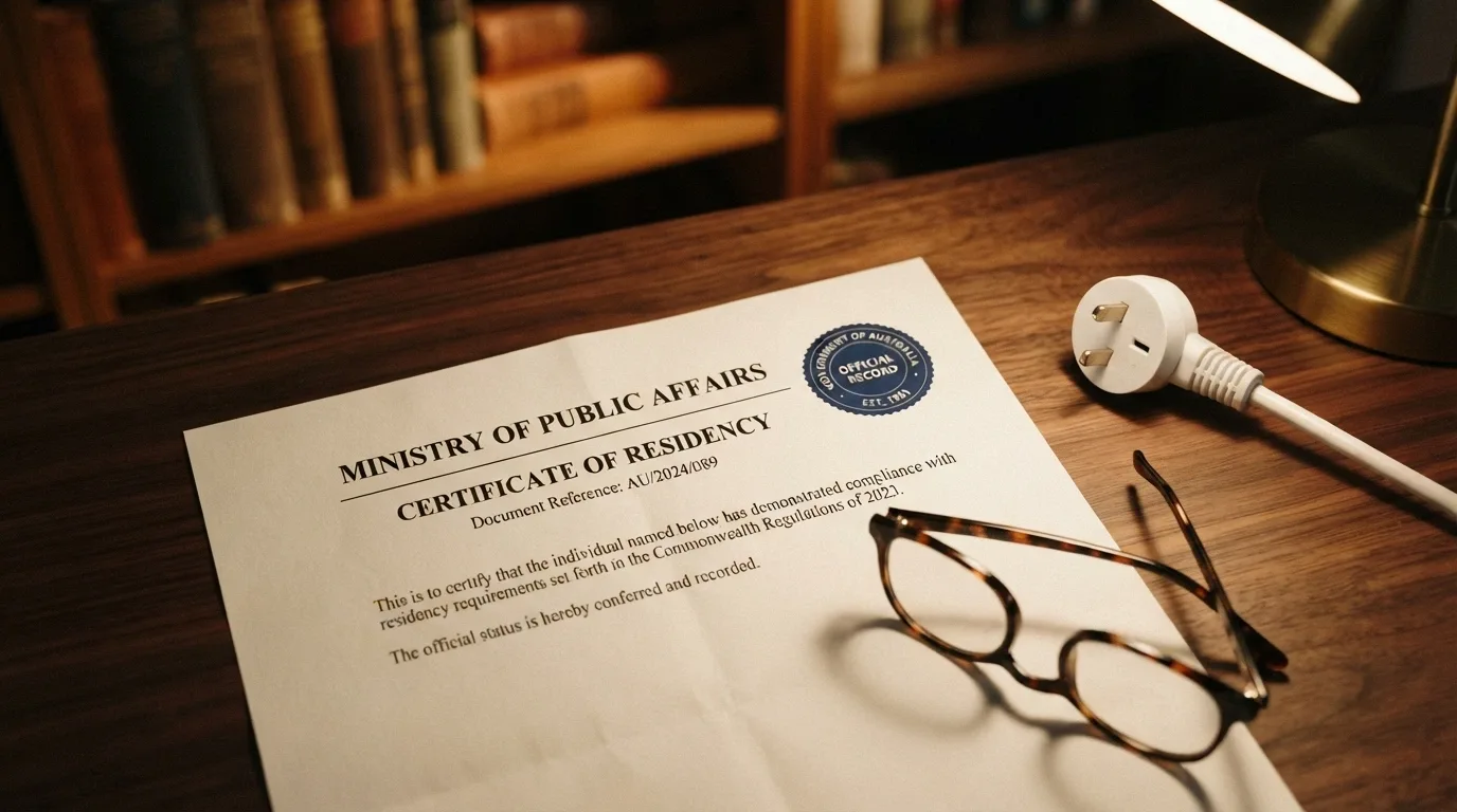 A government-style document or regulatory seal with ACMA branding and the Interactive Gambling Act reference visible, on a desk with an Australian power plug in frame