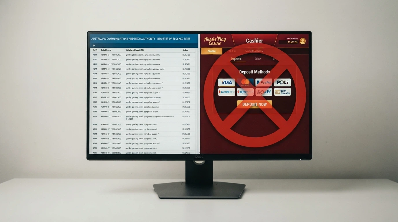 A desktop screen split between an ACMA website page listing blocked gambling sites and an offshore casino cashier page offering credit card and crypto deposit options, with a red prohibition symbol overlaying the casino side