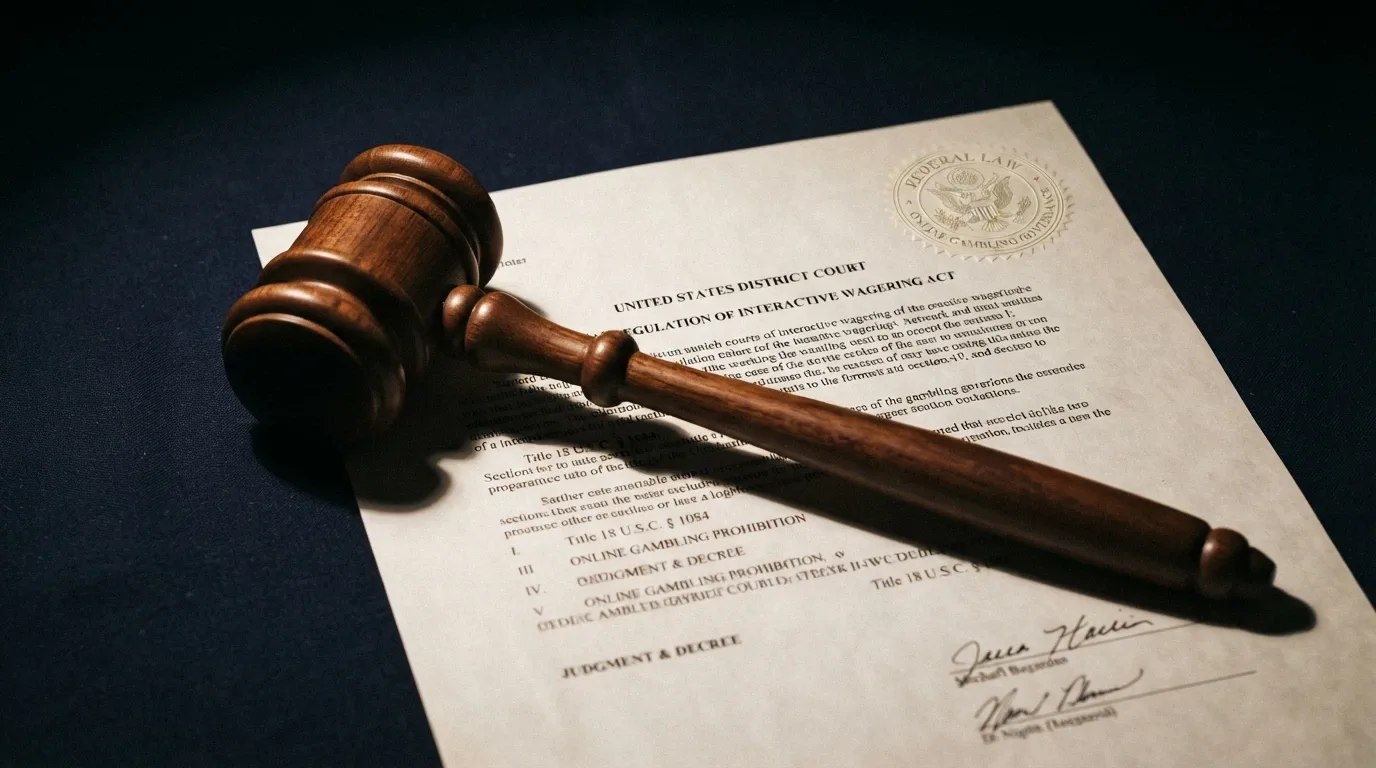 A gavel resting on a printed copy of the Interactive Gambling Act, an ACMA logo visible in the corner of the document, against a navy background