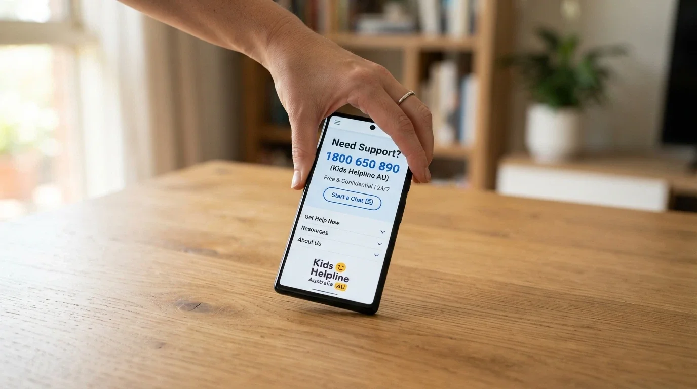 A phone screen showing the Gambling Help Online homepage and the National Gambling Helpline number 1800 858 858 prominently