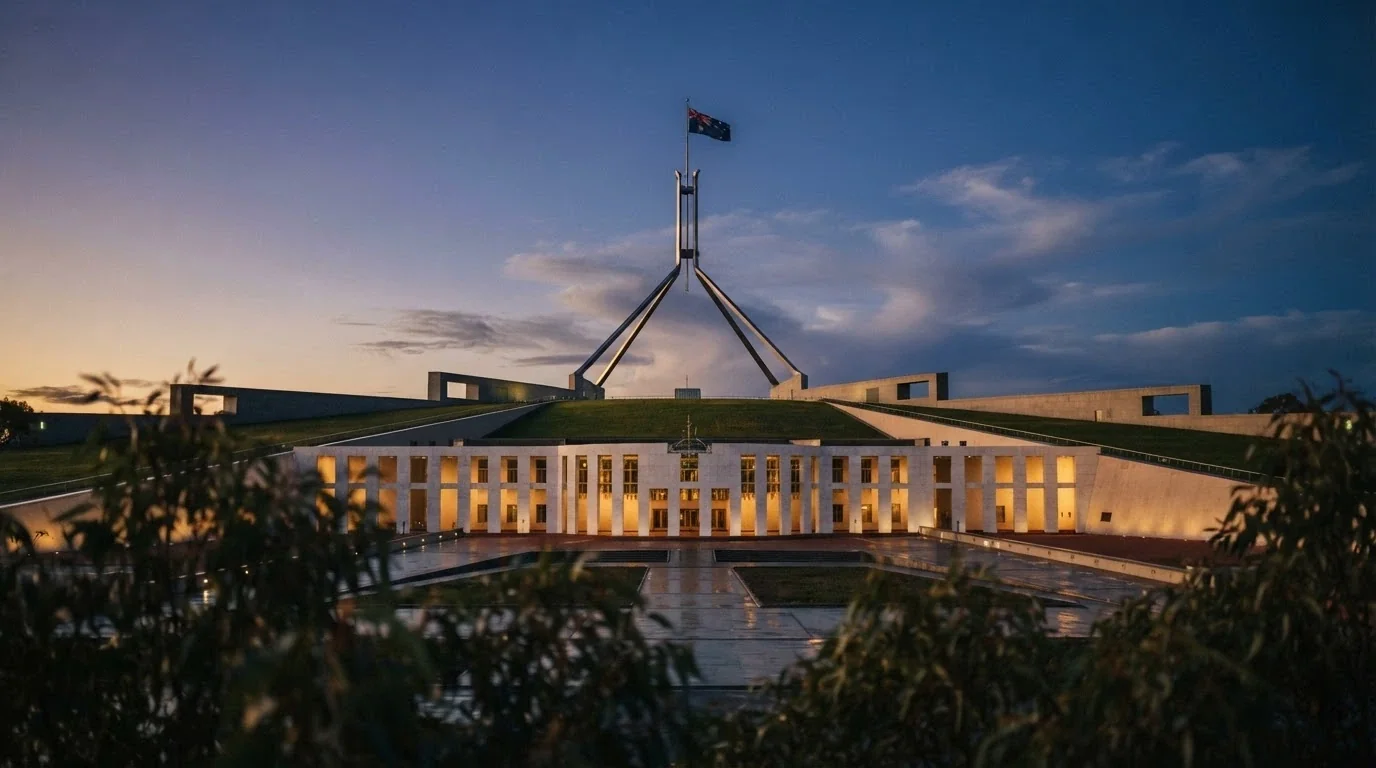 Parliament House Canberra with a semi-transparent overlay of a document titled “Interactive Gambling Act 2001” and the ACMA logo