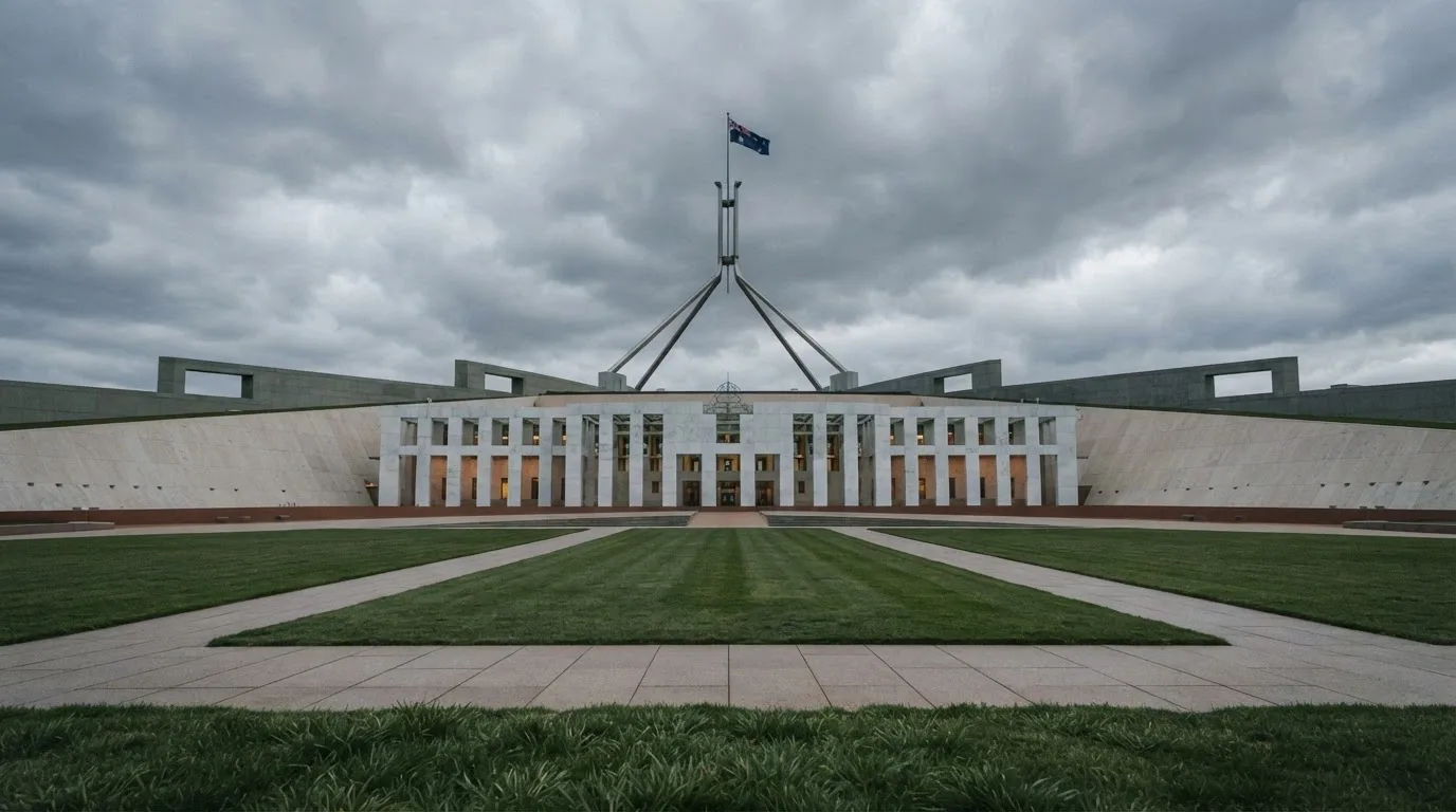 Parliament House, Canberra, with a subtle gambling-regulation visual overlay