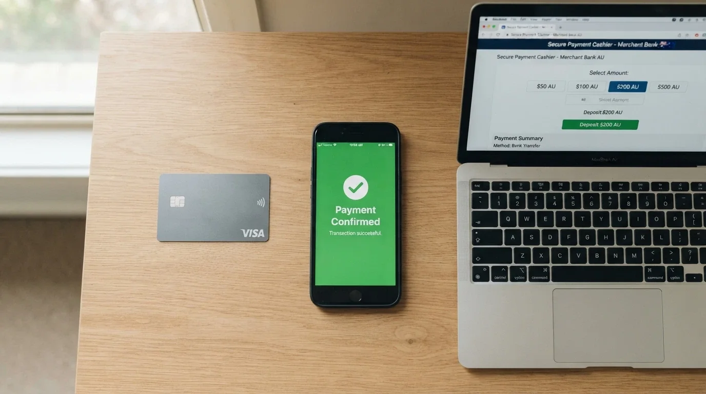 An Australian bank card, a smartphone showing a PayID transaction confirmation, and a laptop displaying a casino cashier page with AUD deposit options — arranged on a desk to show the payment journey