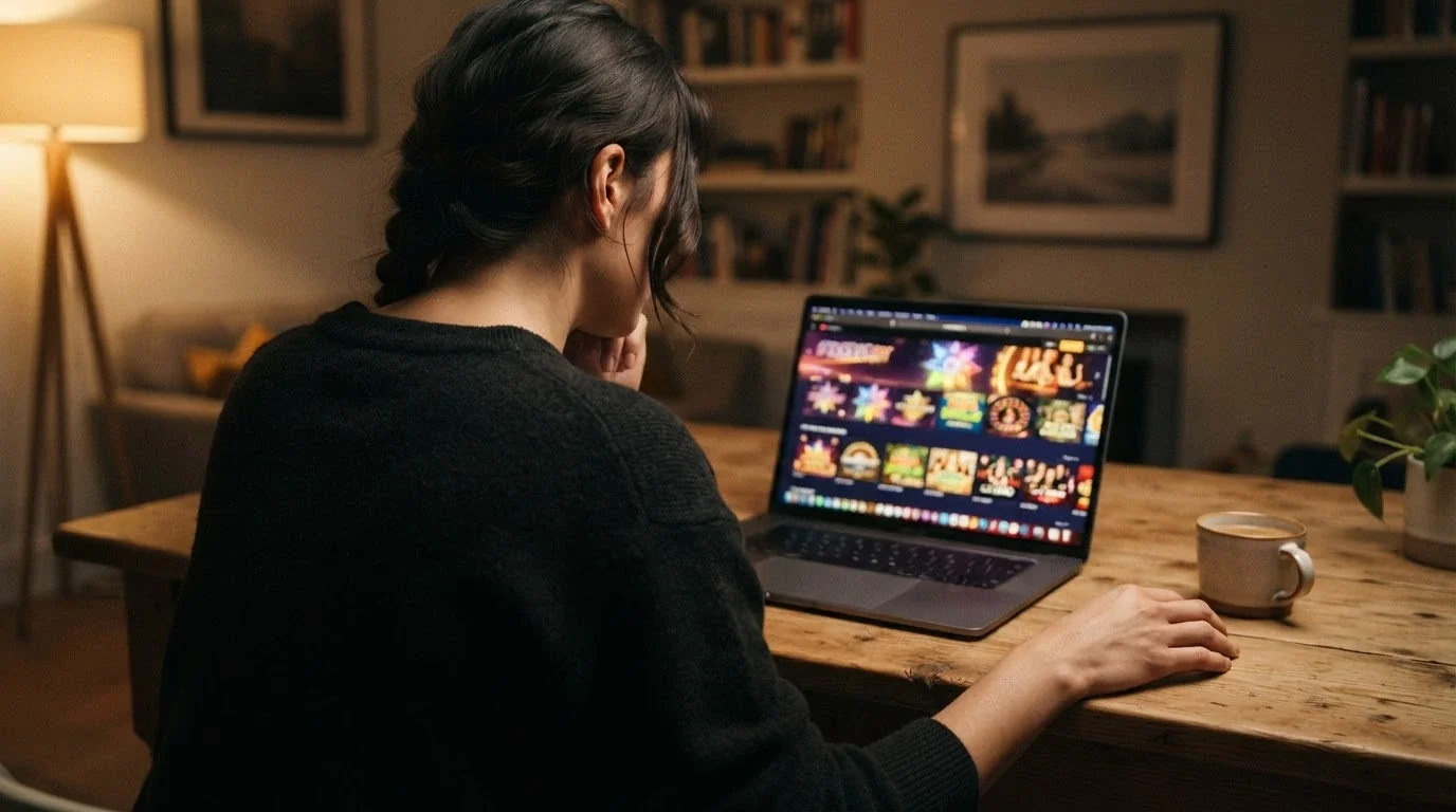 A person sitting at a laptop with a thoughtful expression, a casino site visible on screen but the person's hand paused above the keyboard