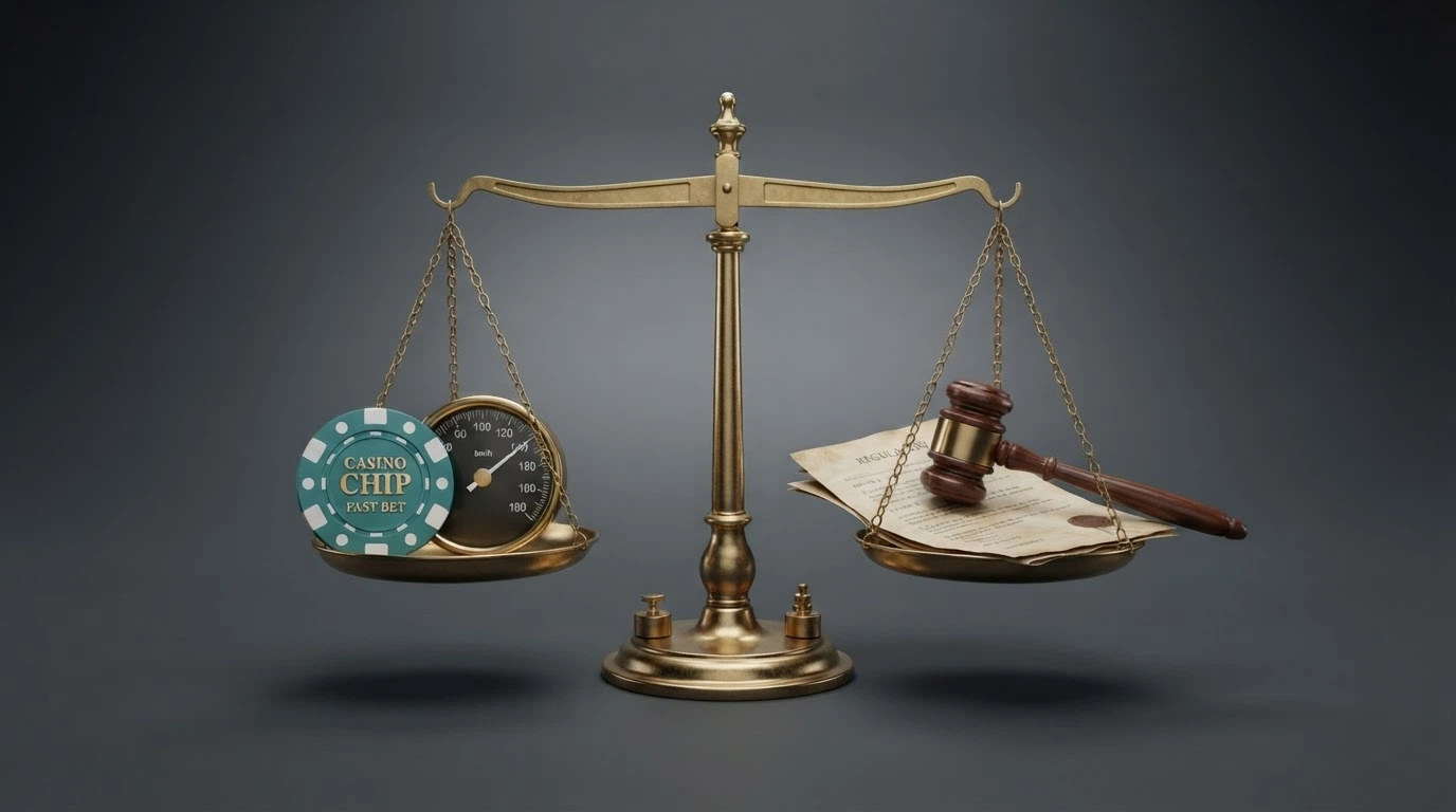 A balanced-scale visual: one side holds a SOL coin and a speedometer, the other holds a gavel and an ACMA warning document, with an Australian player silhouette in the middle looking at both