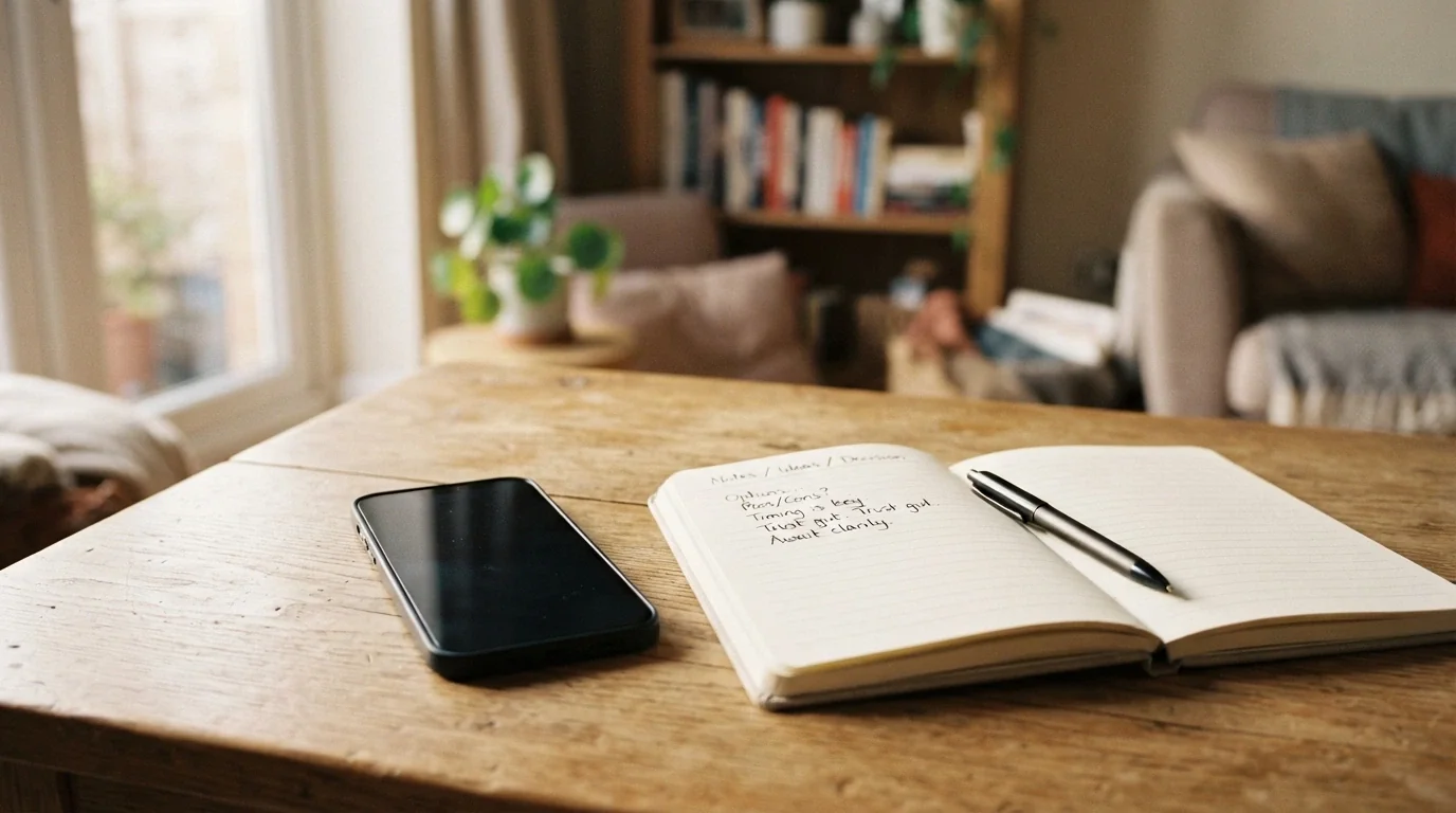 An Android phone on a tabletop in a home setting, the screen dark, with a notebook and pen beside it — the decision, not the spin