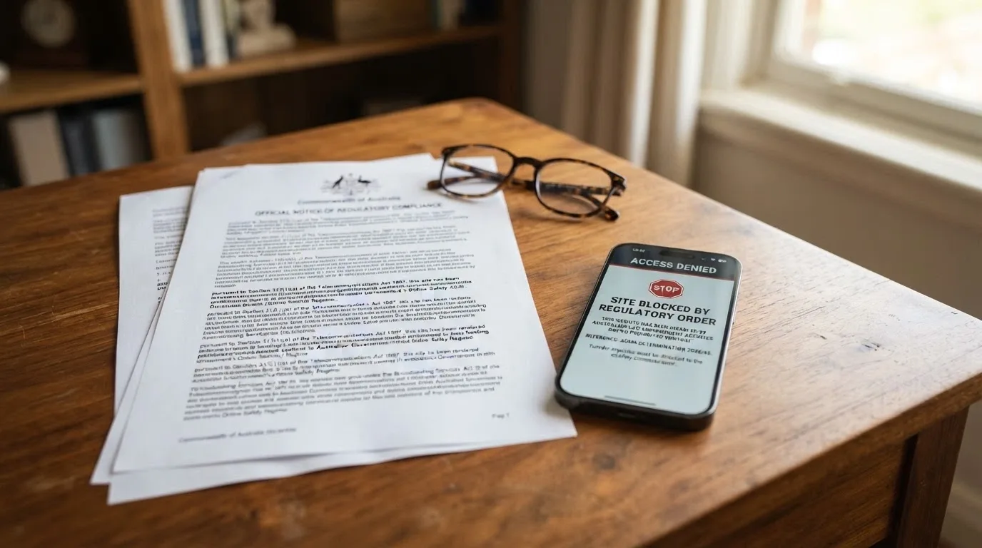 A government document marked Interactive Gambling Act 2001 lying on a wooden desk beside a smartphone displaying a blocked-site notice