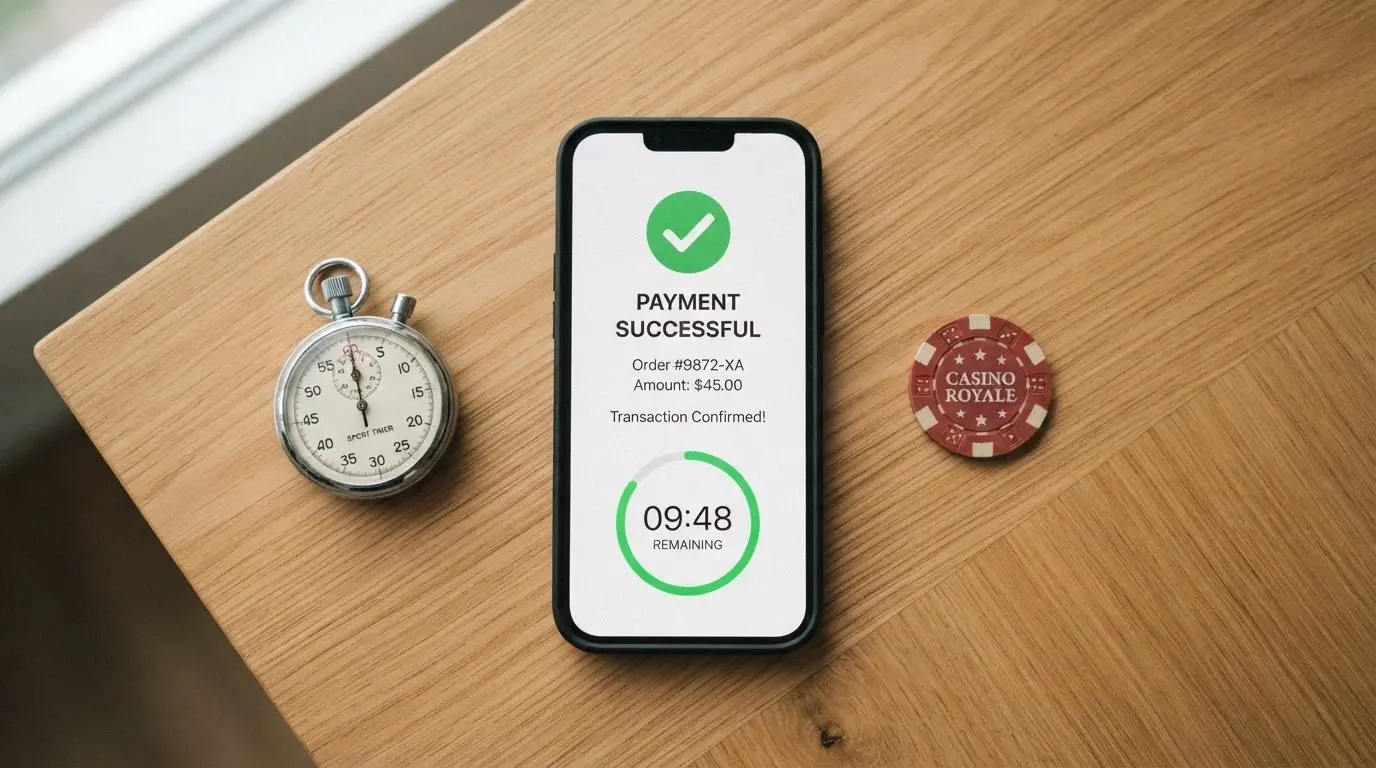 A stopwatch beside a BCH transaction confirmation screen showing the network time vs a casino withdrawal-pending status